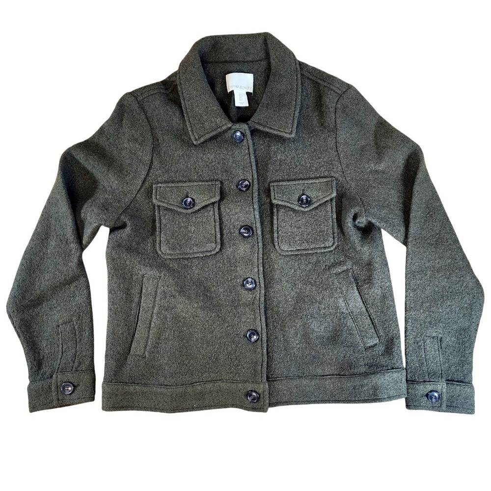 Cynthia Rowley Wool Blend Jacket Olive Green Button Front Utility Pockets Size L